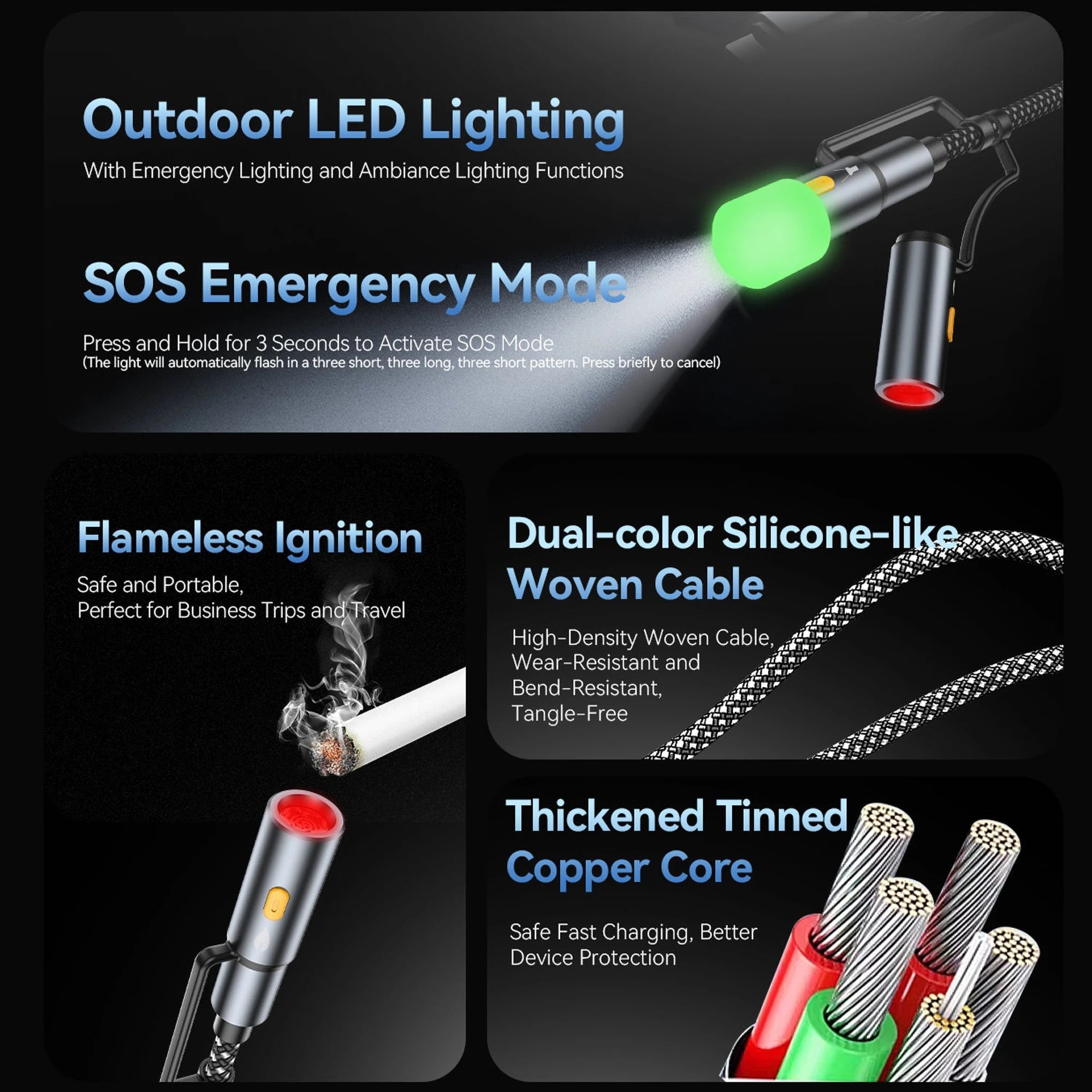 240W Multi - Functional Fast Charging Cable | Compatible with Phones, Tablets, Laptops | Supports Emergency Lighting and SOS Mode - OUTOGOO